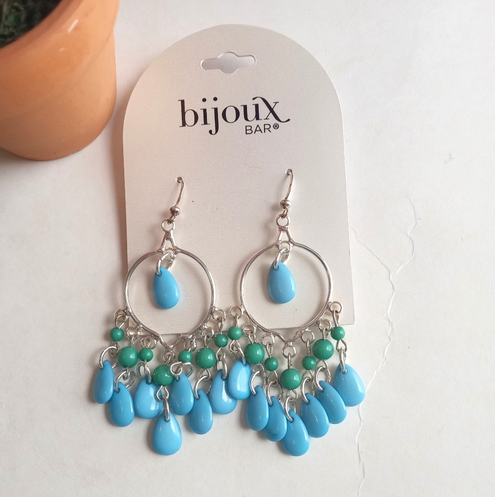 Bijoux Bar Turquoise Green Beaded Sliver Tone Dangle Earrings - Picture 2 of 2